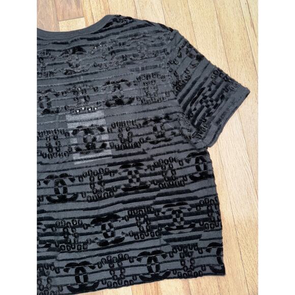 Chanel 21C Black Flocked Velvet CC Logo Top Short Sleeve Tee T Shirt S Small - Picture 15 of 16